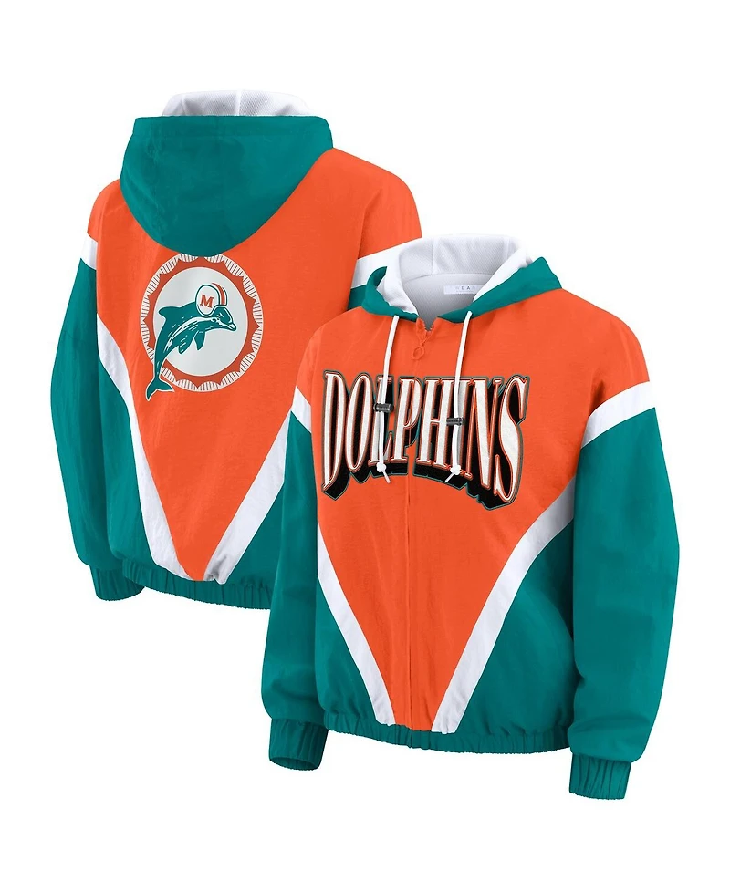 Wear by Erin Andrews Women's Orange/Aqua Miami Dolphins Retro Crinkle Full-Zip Hoodie Windbreaker Jacket