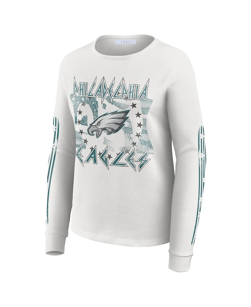 Wear by Erin Andrews Women's White Philadelphia Eagles Graphic Waffle Long-Sleeve T-Shirt