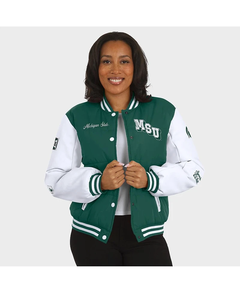 Wear by Erin Andrews Women'sGreen Michigan State Spartans Varsity Full-Snap Puffer Jacket