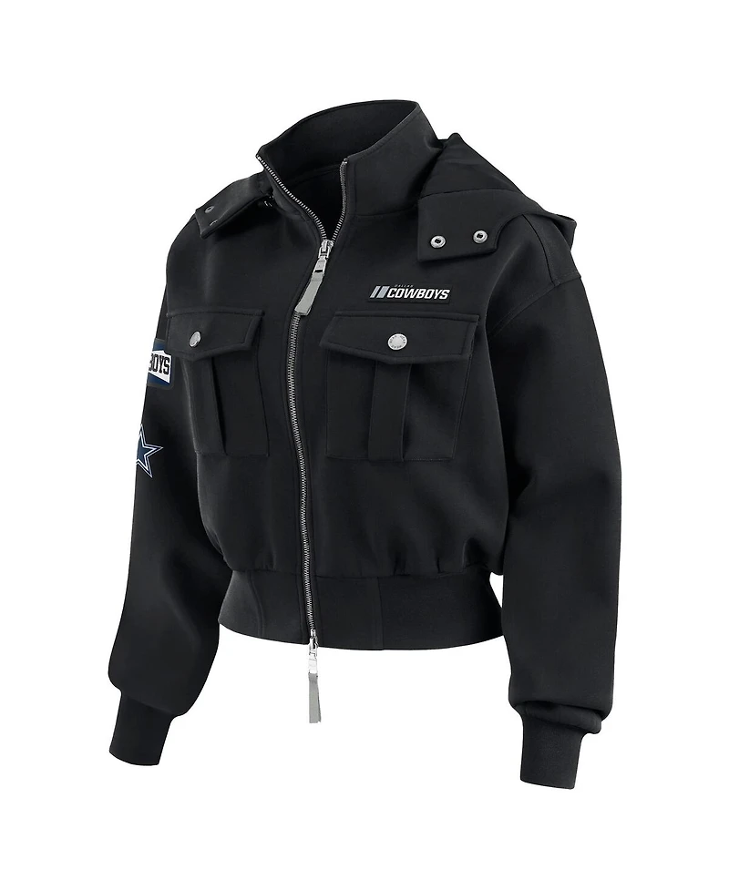 Wear by Erin Andrews Women's Black Dallas Cowboys Patch Pocket Cropped Full-Zip Bomber Jacket