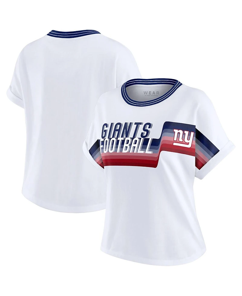 Wear by Erin Andrews Women's White New York Giants Cropped Center Stripe Dolman T-Shirt
