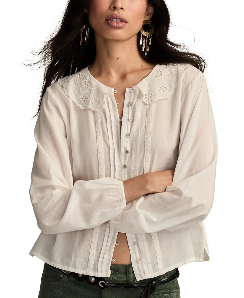 Lucky Brand Women's Cutwork Peter Pan Collar Top