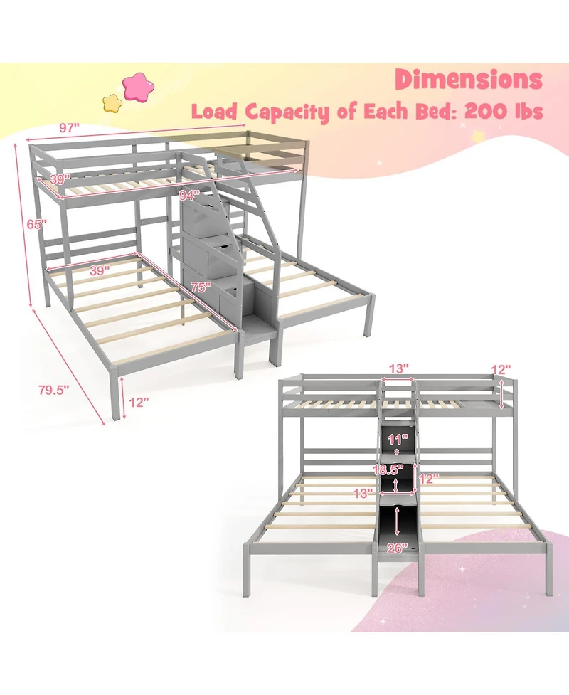 Gymax Wooden Twin Over Twin & Twin Bunk Bed w/ 4-Step Storage Staircase Guardrail