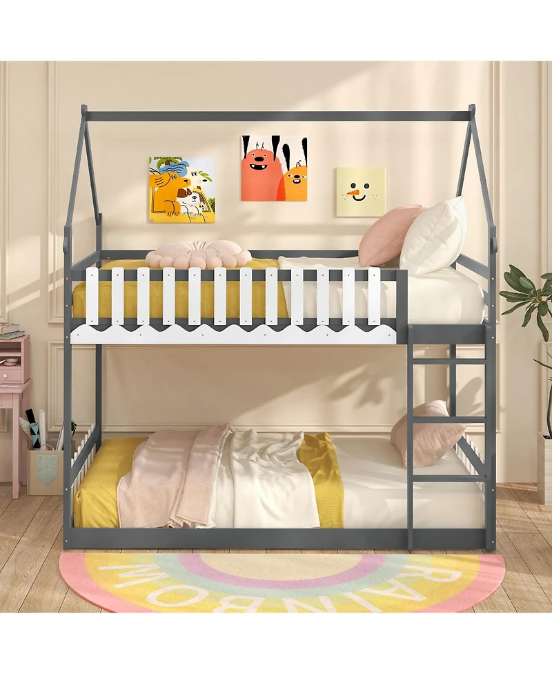 Gymax Twin Over Twin Bunk Bed w/ Fence & Ladder Solid Wood Floor Bunk Bed for Kids
