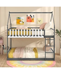 Gymax Twin Over Twin Bunk Bed w/ Fence & Ladder Solid Wood Floor Bunk Bed for Kids