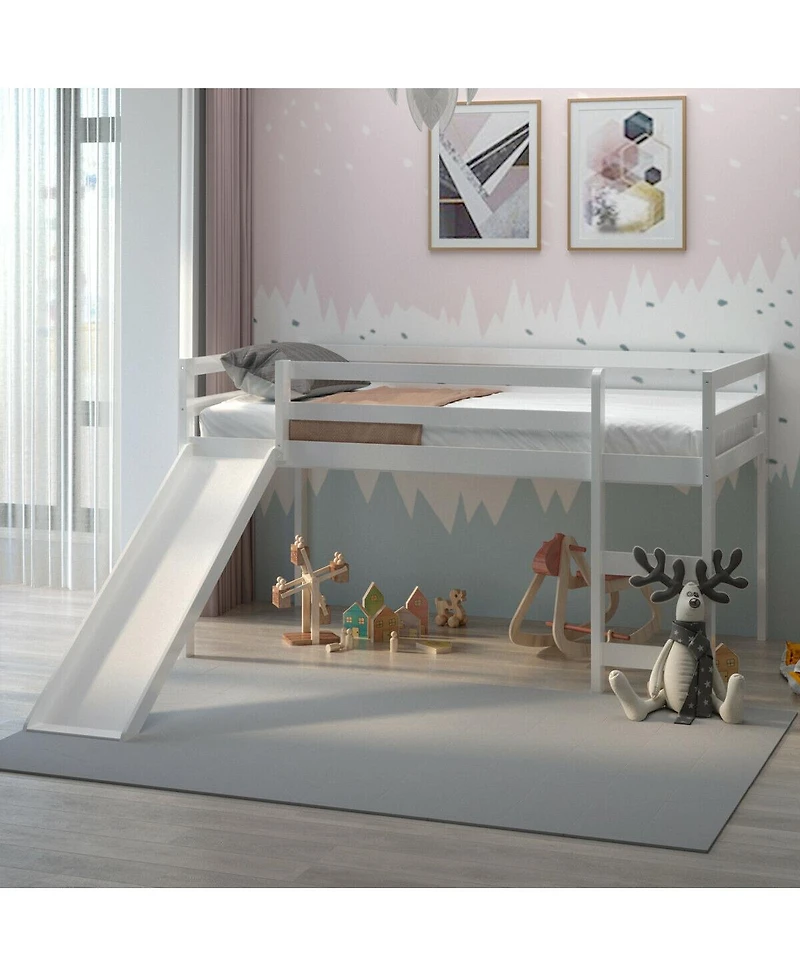 Gymax Twin Size Loft Bed with Slide Wood Low Sturdy Loft Bed Bedroom