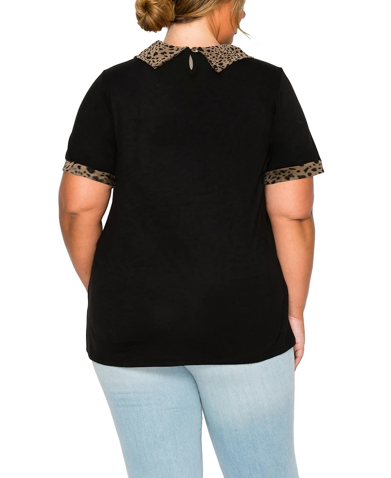 Coin 1804 Plus Pebble Mesh Collar Keyhole Back Short Sleeve Top