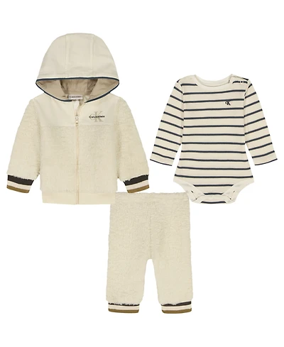 Calvin Klein Baby Boys 3-Piece Sherpa Fleece Zip-up Hoodie, Bodysuit and Joggers Set