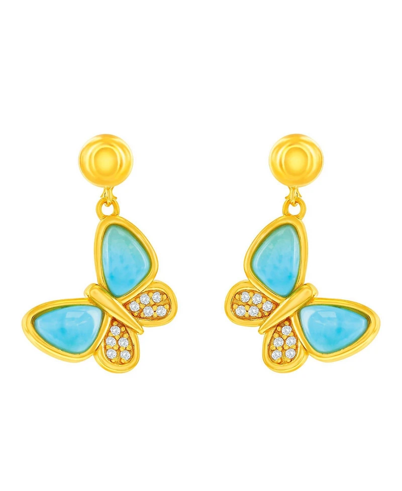 Sterling Silver, Larimar & Cz Butterfly Earrings - Gold Plated