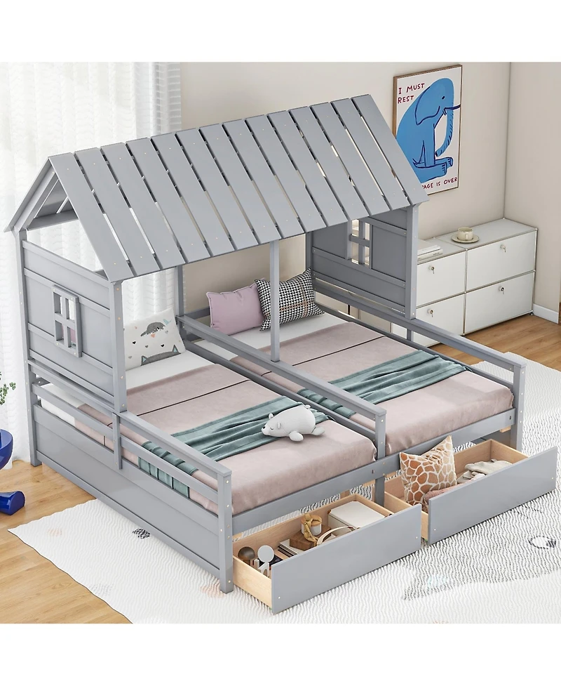 Twin House Platform Beds with Two Drawers for Boy and Girl Shared Beds, Combination of 2 Side by