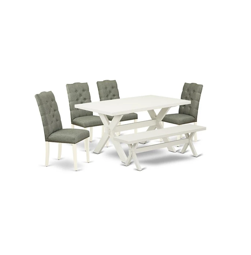 East West Furniture 6-Pc Dining room Table Set-Smoke Color Linen Fabric Seat and Button Tufted Chair Back Dining room chairs, a Rectangular Bench and