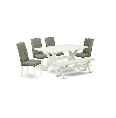 East West Furniture 6-Pc Dining room Table Set-Smoke Color Linen Fabric Seat and Button Tufted Chair Back Dining room chairs, a Rectangular Bench and