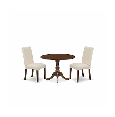 East West Furniture 3 Piece Wooden Dining Table Set Includes 1 Drop Leaves Dining Table and 2 Cream Linen Fabric Upholstered Dining Chairs with High B