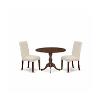East West Furniture 3 Piece Wooden Dining Table Set Includes 1 Drop Leaves Dining Table and 2 Cream Linen Fabric Upholstered Dining Chairs with High B