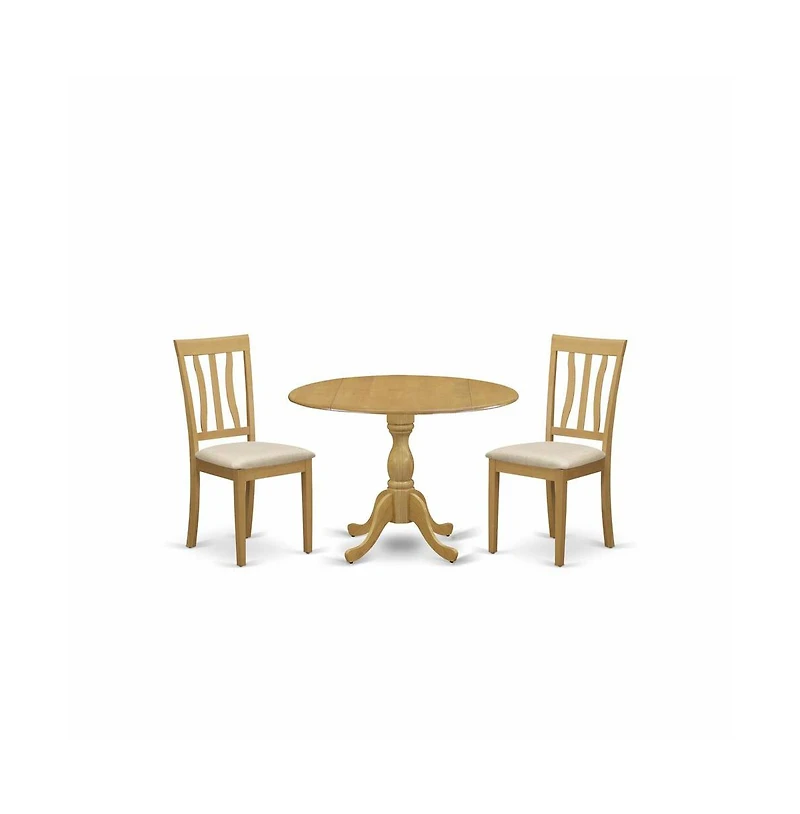 East West Furniture 3 Piece Kitchen Dining Table Set - Oak Kitchen Table and 2 Oak Linen Fabric Dining Room Chairs with Slatted Back- Oak Finish