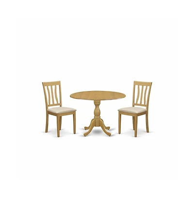 East West Furniture 3 Piece Kitchen Dining Table Set - Oak Kitchen Table and 2 Oak Linen Fabric Dining Room Chairs with Slatted Back- Oak Finish