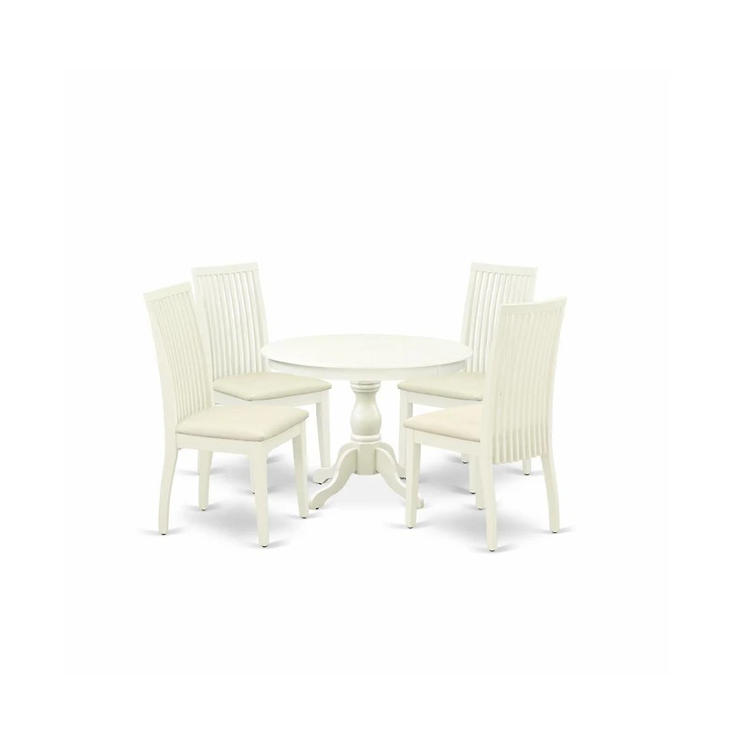 East West Furniture 5 Piece Dining Room Table Set - Linen White Small Dining Table and 4 Linen White Chairs for Dining Room with Slatted Back