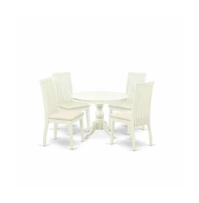 East West Furniture 5 Piece Dining Room Table Set - Linen White Small Dining Table and 4 Linen White Chairs for Dining Room with Slatted Back