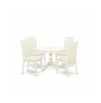 East West Furniture 5 Piece Dining Room Table Set - Linen White Small Dining Table and 4 Linen White Chairs for Dining Room with Slatted Back