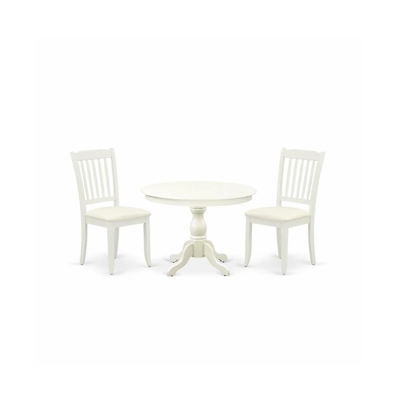 East West Furniture 3 Piece Kitchen Set - Linen White Wood Table and 2 Linen White Chairs for Dining Room with Slatted Back - Linen White Finish