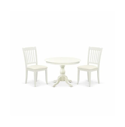 East West Furniture 3 Piece Kitchen Set - Linen White Wood Table and 2 Linen White Chairs for Dining Room with Slatted Back - Linen White Finish
