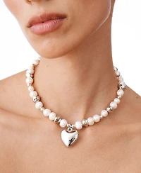 Freshwater Pearl Necklace With Acrylic Heart Charm and Irregular Shape Beads 15.7