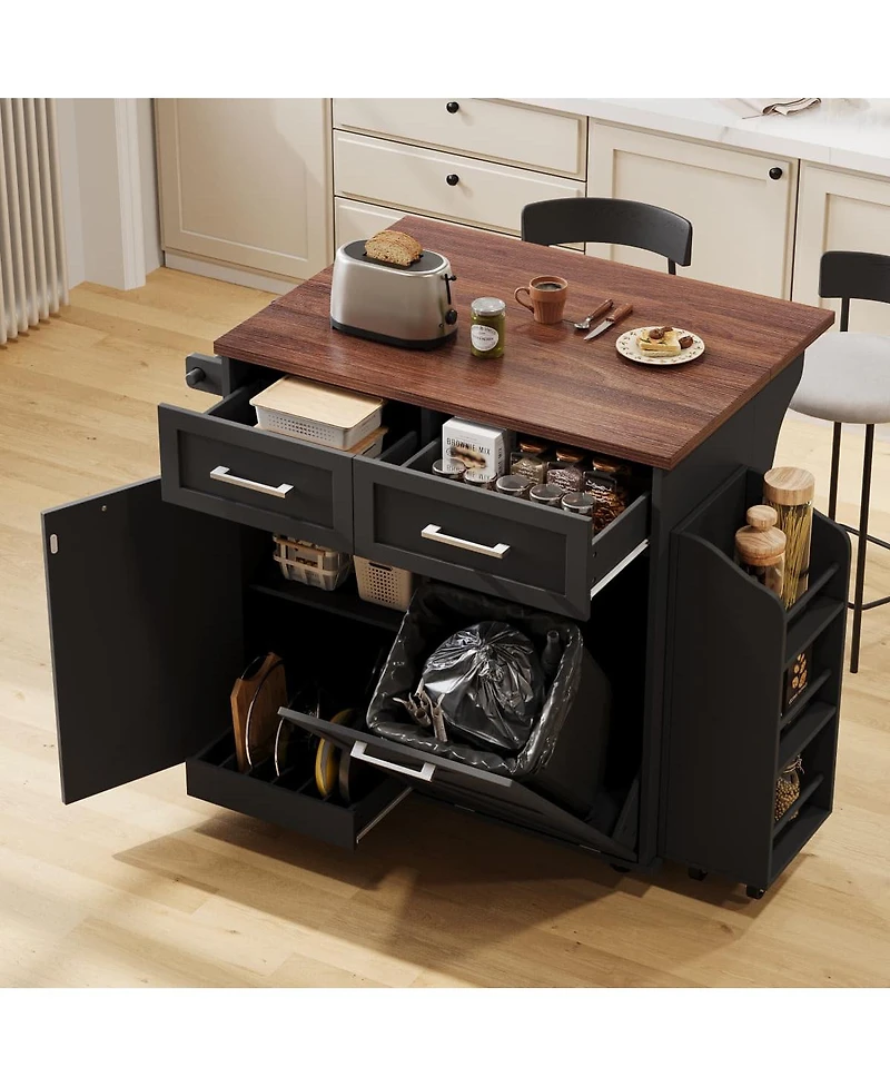 Maison Boucle 35.8" White Farmhouse Kitchen Island with Drop Leaf, Hidden Trash Bin, Removable Side Rack, Storage Drawers & Locking Wheels-Maison Bouc