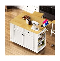 Maison Boucle 48'' Farmhouse-Style White Kitchen Island Cart with Foldable Countertop, Power Strip, 5 Side Racks, and Drawers-Maison Boucle