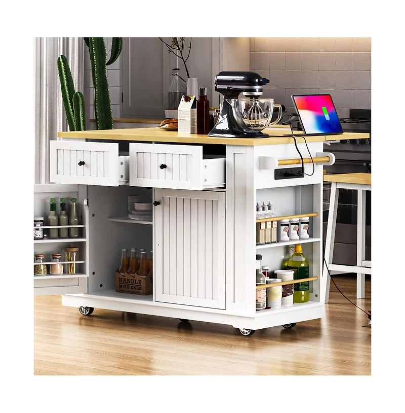 Maison Boucle 48'' Farmhouse-Style White Kitchen Island Cart with Foldable Countertop, Power Strip, 5 Side Racks, and Drawers-Maison Boucle