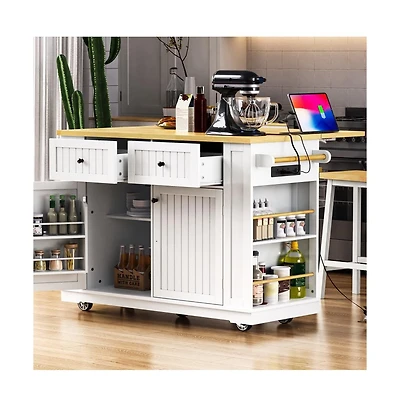 Maison Boucle 48'' Farmhouse-Style White Kitchen Island Cart with Foldable Countertop, Power Strip, 5 Side Racks, and Drawers-Maison Boucle
