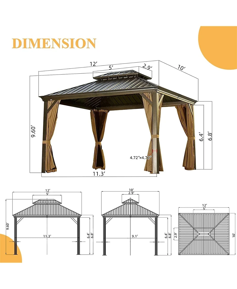 Clihome 12-ft x 10-ft Hardtop Gazebo Brown Gazebo with Hardtop Roof