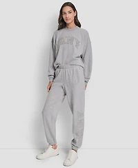 Dkny Women's Exploded Rhinestone Varsity Logo High Rise Relaxed Jogger