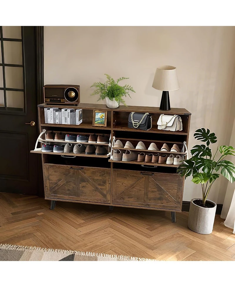 gaomon Shoe Storage Cabinet with 4 Flip Drawers and Open Storage, Freestanding Narrow Shoe Rack Cabinet for Entryway, Hallway, Living Room, Dark Brown