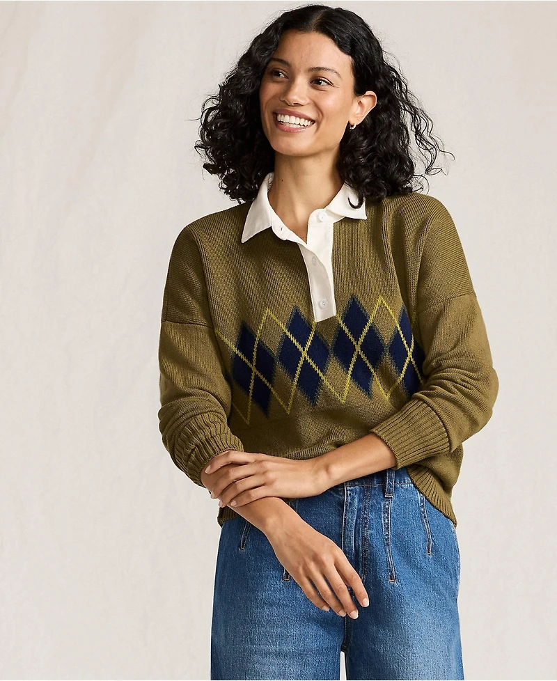 Lands' End Women's Drifter Jacquard Rugby with Woven Collar Sweater