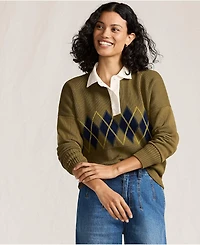 Lands' End Women's Drifter Jacquard Rugby with Woven Collar Sweater