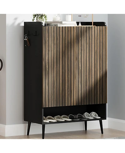 Shoe Cabinet，Large Shoe Cabinet with 2 Doors,Adjustable Shelves, Shoe Organizer with Doors for Hallway, Entryway, Living Room,Black+Nut-Brown