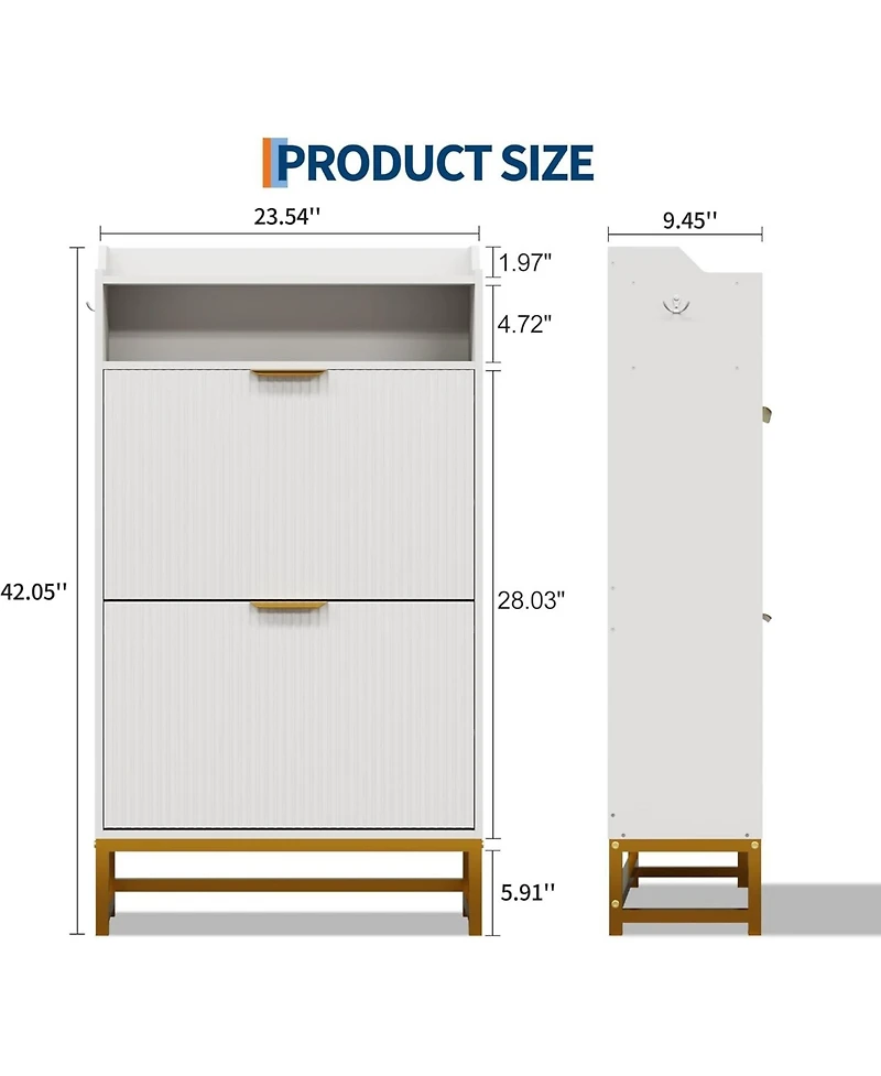 gaomon Narrow Shoe Cabinet Storage for Entryway, Modern Fluted Shoe Rack Organizer with 2 Flip Drawers and an Open Shelf for Hallway, Living Room, Whi