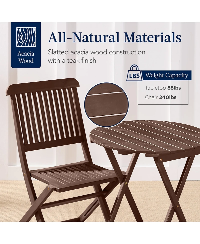 Best Choice Products 3-Piece Acacia Wood Bistro Set, Folding Patio Furniture w/ 2 Chairs