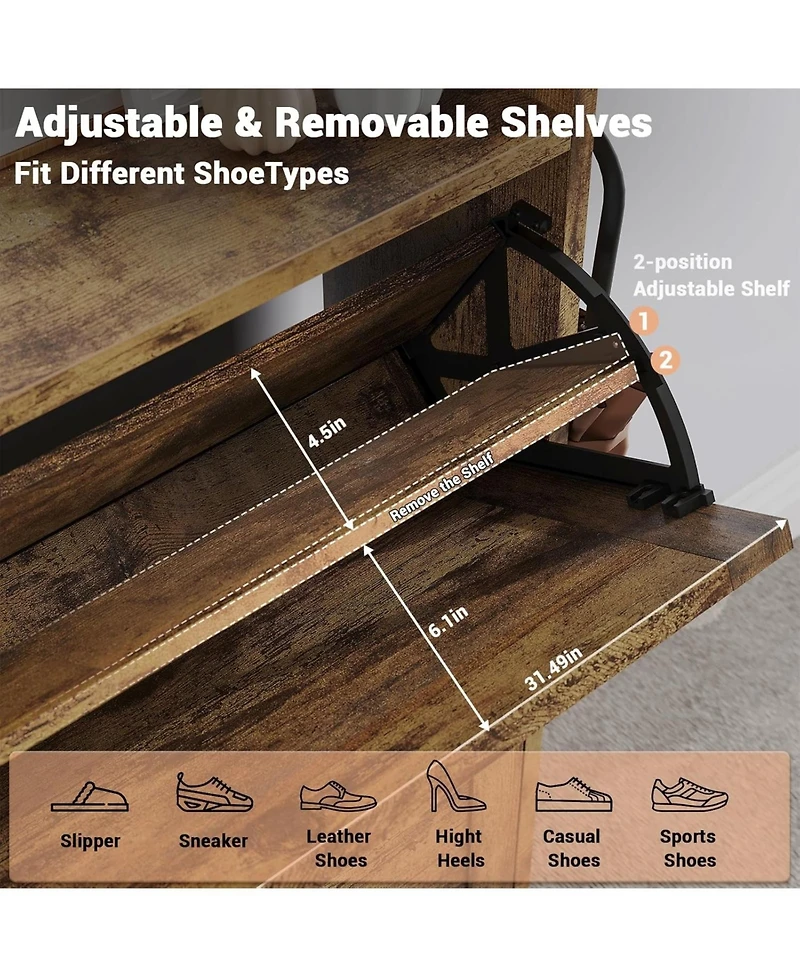 gaomon Shoe Cabinet with 2 Flip-Drawers & Storage Bench, Farmhouse Wood Freestanding Shoe Rack with 2 Hooks & Bottom Shelf for Entryway