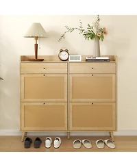 gaomon Shoe Cabinet Storage with 4 Flip Drawers, Rattan Narrow Shoe Rack Cabinet Storage for Entryway Hallway Living Room Closet, Nature Oak