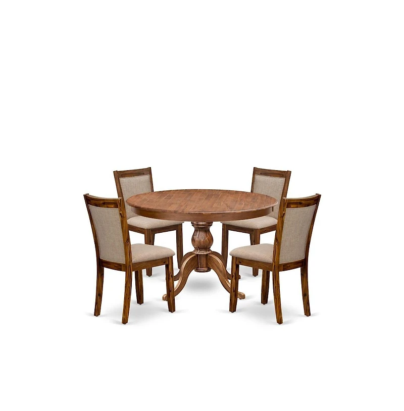 Luxe by East West Furniture 5-Pc Kitchen Table Set A Pedestal Wooden Table, 4 Light Tan Fabric Dining Chairs