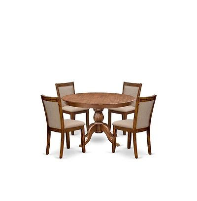 Luxe by East West Furniture 5-Pc Kitchen Table Set A Pedestal Wooden Table, 4 Light Tan Fabric Dining Chairs