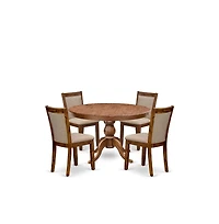 Luxe by East West Furniture 5-Pc Kitchen Table Set A Pedestal Wooden Table, 4 Light Tan Fabric Dining Chairs
