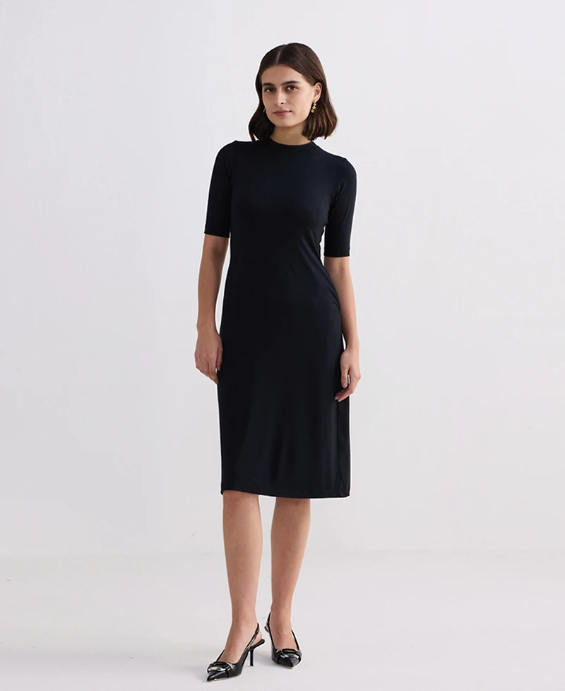 Reistor Women's High Crew Neck Elbow Sleeves Fitted Dress Black