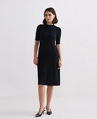 Reistor Women's High Crew Neck Elbow Sleeves Fitted Dress Black