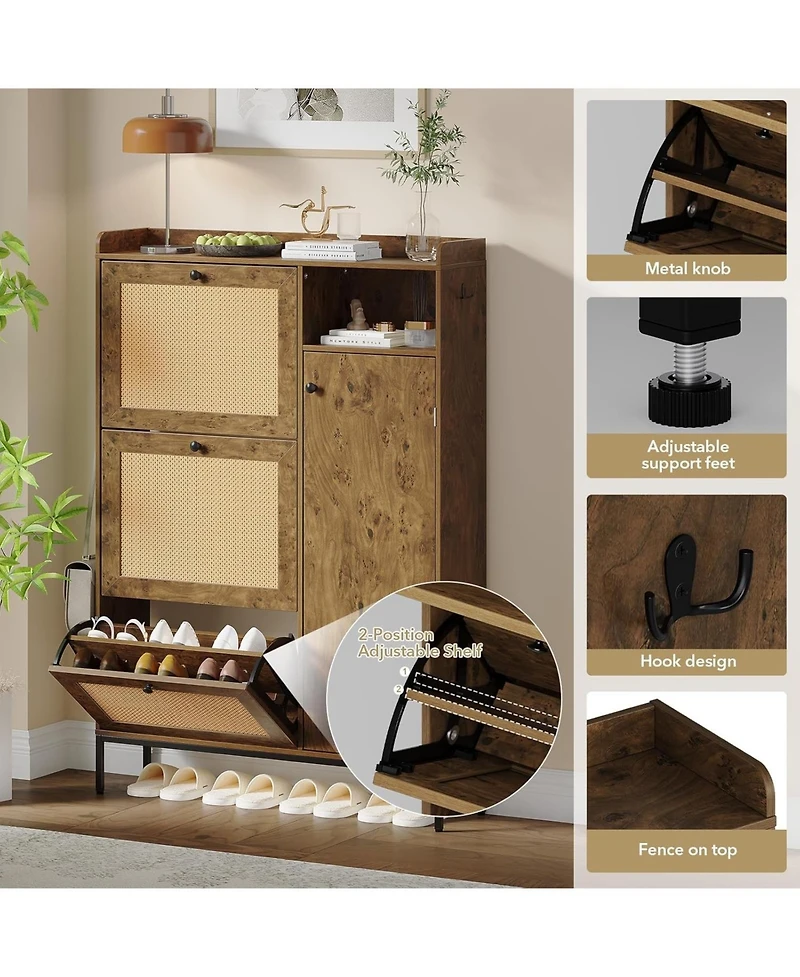 gaomonc3 Tier Shoe Cabinet with Natural Rattan Flip Drawers for Entryway,Shoe Storage Organizer with Adjustable Shelves for Hallway, Living Room,Brown