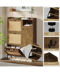gaomonc3 Tier Shoe Cabinet with Natural Rattan Flip Drawers for Entryway,Shoe Storage Organizer with Adjustable Shelves for Hallway, Living Room,Brown