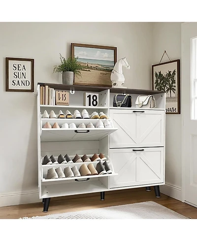 gaomon Shoe Storage Cabinet, Farmhouse Shoe Organizer with 4 Flip Drawers and Open Storage,Freestanding Narrow Shoe Rack Cabinet,White