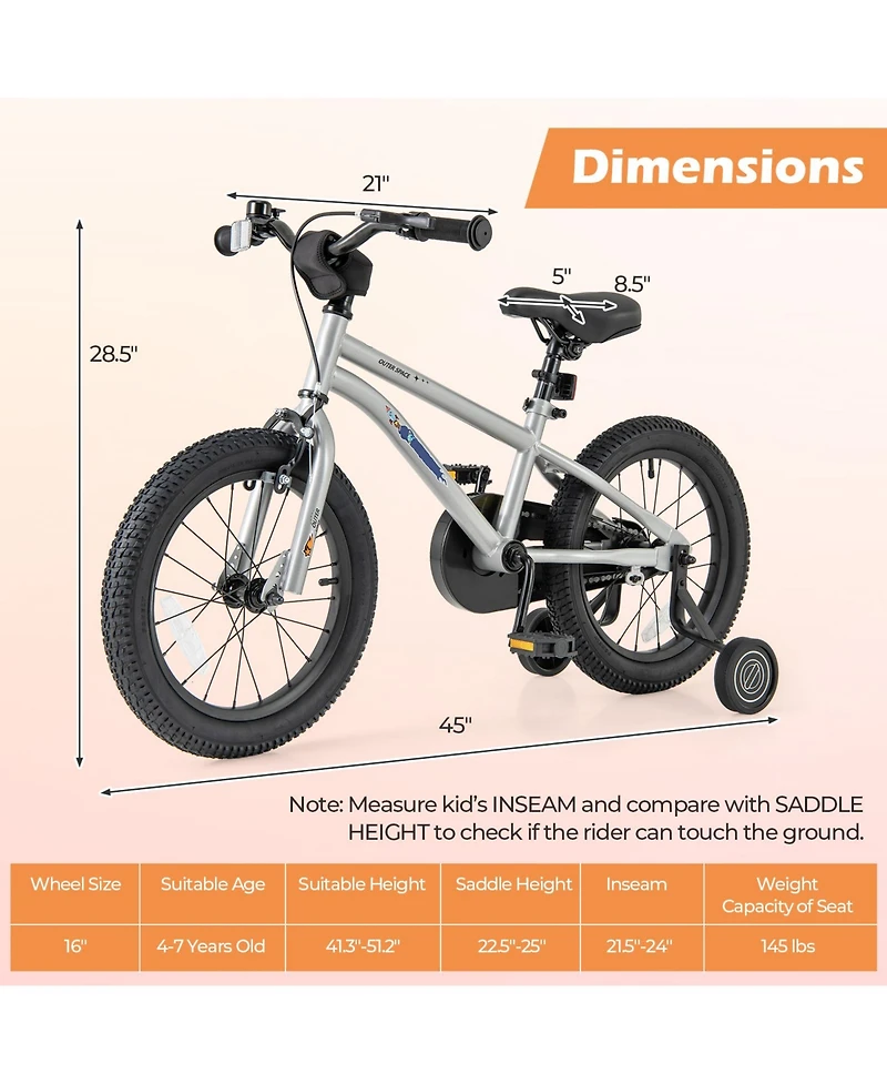 16-Inch Kids Bike Bicycle for Boys Girls 4-7 Adjustable with High Carbon Steel Frame-16 inches