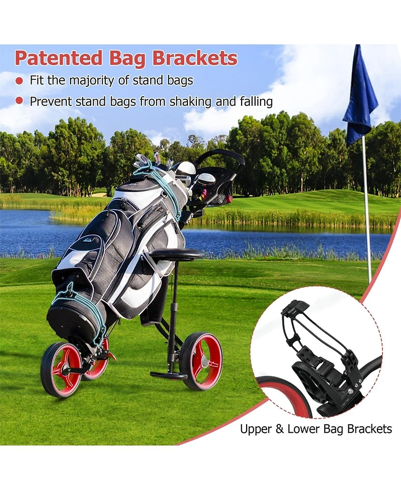 Foldable 3 Wheels Push Pull Golf Trolley with Scoreboard Bag-Red